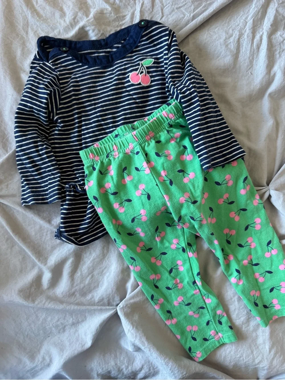 Carters Baby Girls Navy Stripe Top and Green Cherry Print Pajama Set